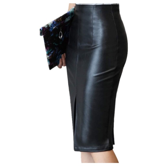 Faux Leather Pencil Skirt High Waist Split  Midi Hip Skirt - Picture 2 of 7